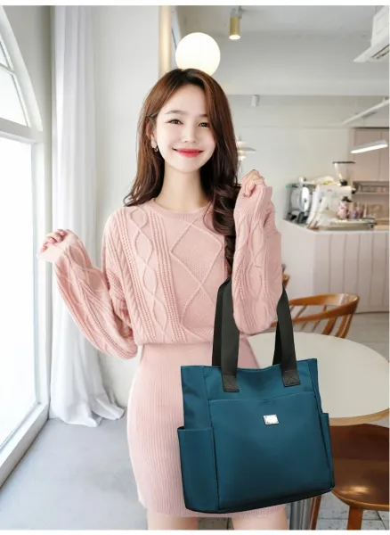 Design Tote Bag Teal with Black Straps Handbag - 17