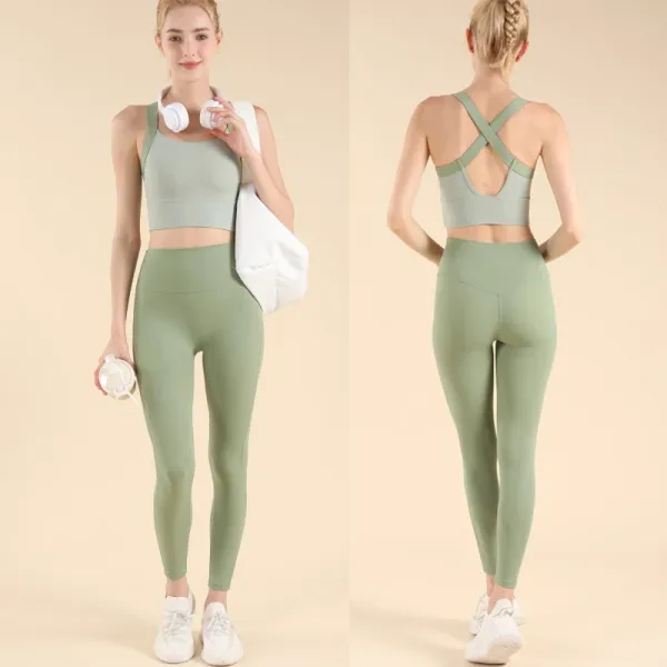 Design Seamless Cross-Back Sports Bra and High-Waisted Leggings Set Beige Activewear - 11