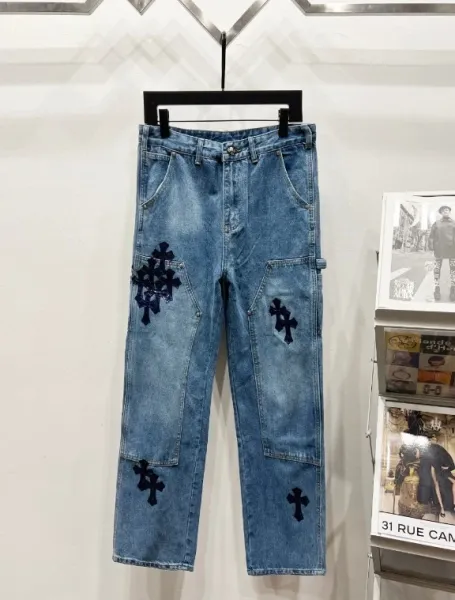 Chrome Hearts Cross-Embroidered Distressed Denim Jeans Blue - 1