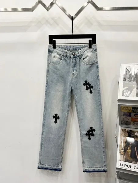 Chrome Hearts Cross Embroidered Light Wash Straight Leg Jeans - 1