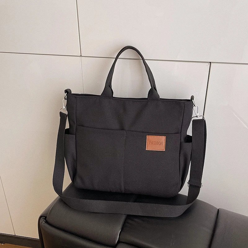 Utility Tote Bag Black Canvas Shoulder