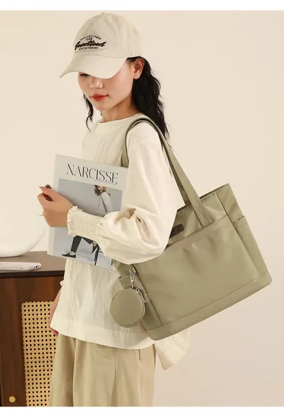 Design Tote Bag Olive Green Nylon Handbag with Detachable Coin Purse - 21