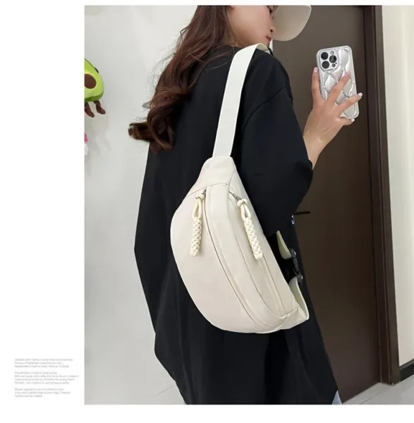 Design Minimalist Cream Belt Bag with Braided Pull Tabs - 14