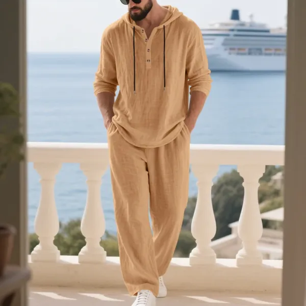 Design Linen Hooded Henley Set Beige Casual Set - 13