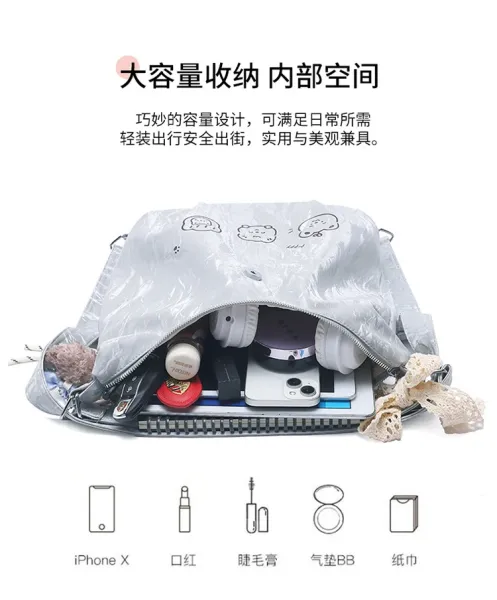 Design AIHITU STUDIO Cartoon Bear Print Silver Gray Hobo Bag - 8