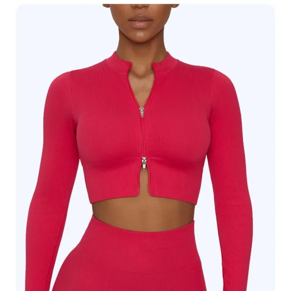 Alo Yoga Ribbed Zip-Front Cropped Top Pink Activewear - 1