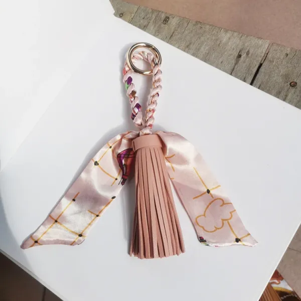 Design Silk Scarf Tassel Keychain Pink Multicolor Accessories - 1