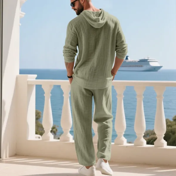 Design Linen Hooded Henley Set Beige Casual Set - 42