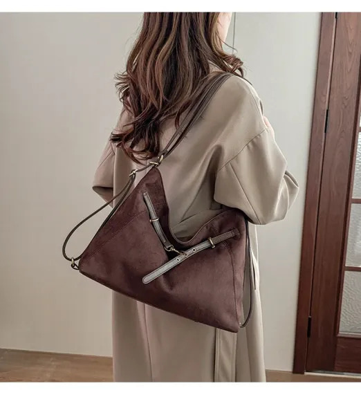 Design Suede Hobo Bag with Brown Leather Trim Black - 31