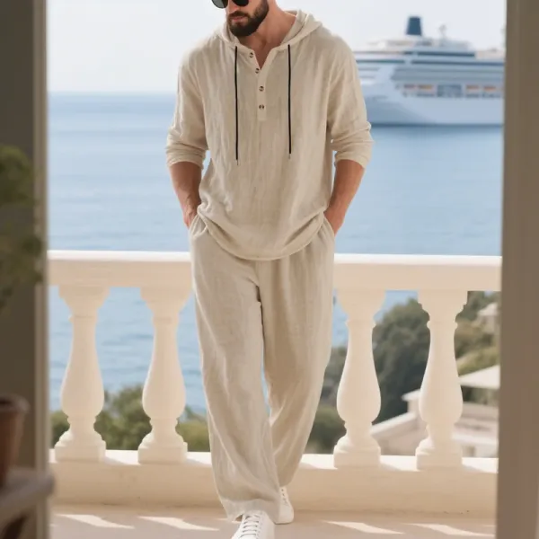 Design Linen Hooded Henley Set Beige Casual Set - 48