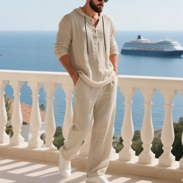 Design Linen Hooded Henley Set Beige Casual Set - 50