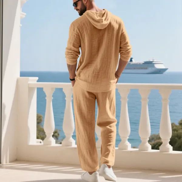 Design Linen Hooded Henley Set Beige Casual Set - 57