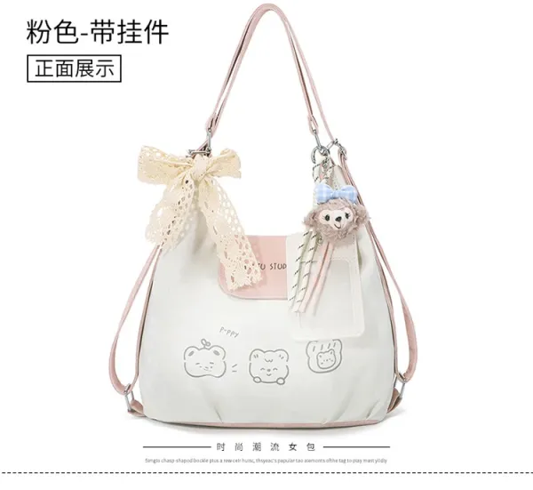 Design AIHITU STUDIO Cartoon Bear Print Silver Gray Hobo Bag - 19