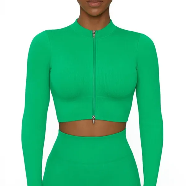 Design Ribbed Zip-Front Cropped Long Sleeve Top in Green - 1