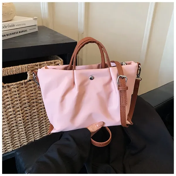 Design Pink Nylon Tote with Brown Leather Trim Handbag - 1
