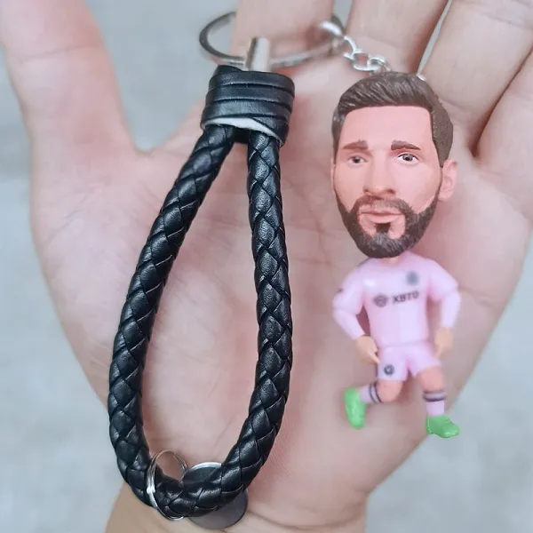 Inter Miami CF Lionel Messi Figurine Keychain Black Braided Leather Keyring Accessories - 1