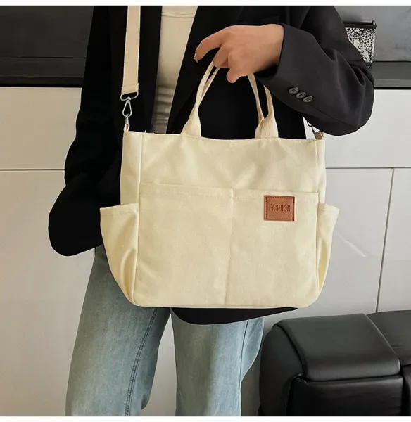 Design Canvas Tote Bag Beige Shoulder Handbag - 22