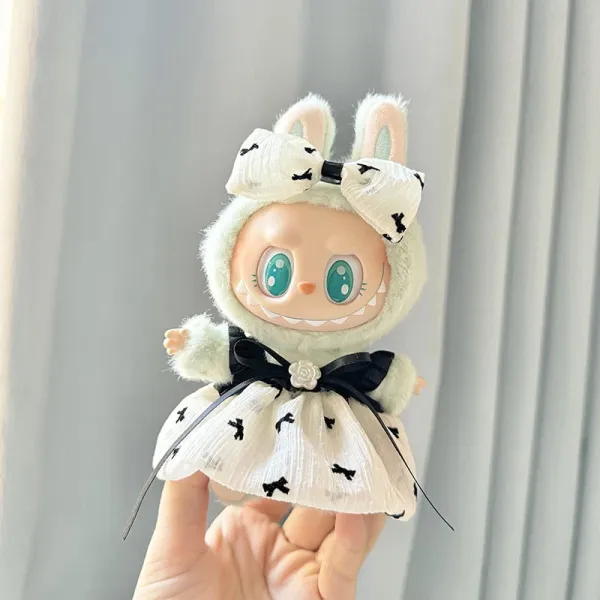 Pop Mart Labubu Bunny Doll White with Black Bow Dress Accessories - 1