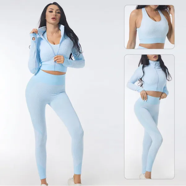 Design Mesh Texture Cropped Zip-Up Jacket and High-Waisted Leggings Set Sky Blue Activewear - 1