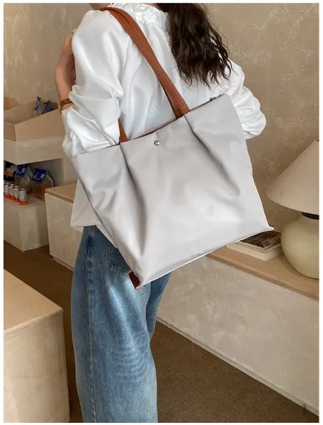Design Tote Bag White with Brown Leather Handles - 4