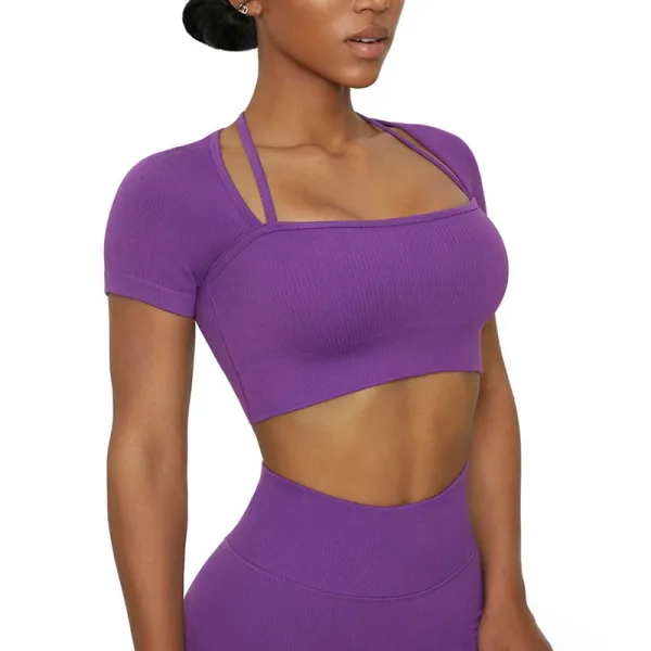 Design Ribbed Cut-Out Crop Top and High-Waisted Leggings Set Purple Activewear - 1
