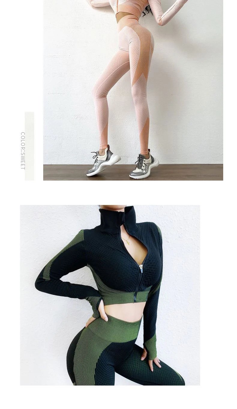 Design High-Neck Zip-Up Crop Top and Leggings Set Navy Black Activewear - 11