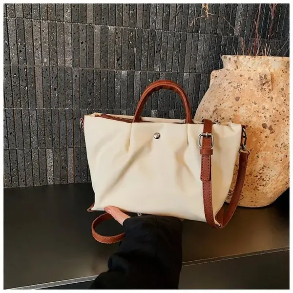 Design Minimalist Cream Canvas Tote with Brown Leather Trim Handbag - 1