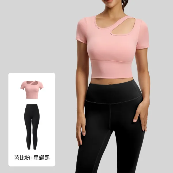 Design Cut-Out Crop Top and High-Waist Leggings Set in Ballet Pink + Star Black Activewear - 1