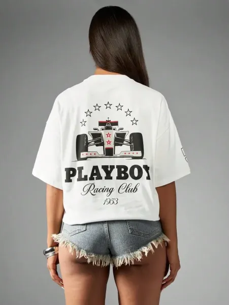 Design Playboy Racing Club Graphic Cropped T-Shirt White T-Shirts - 14