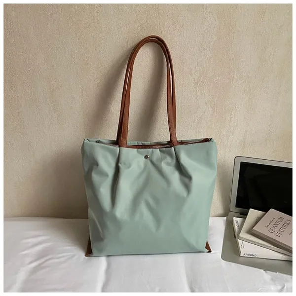 Design Tote Bag White with Brown Leather Handles - 18