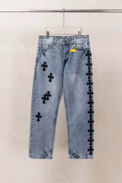 Chrome Hearts Cross-Embroidered Distressed Light Wash Jeans - 1