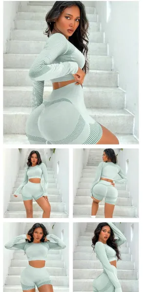 Design Mesh Panel Long Sleeve Crop Top and High-Waisted Shorts Set Light Blue Activewear - 15