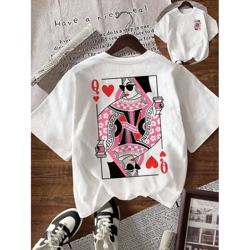 跨境欧码纯棉EMERY ROSE Women's Round Neck Playing Card Print