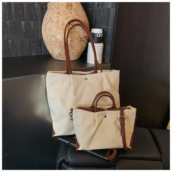 Design Tote Bag White with Brown Leather Handles - 22