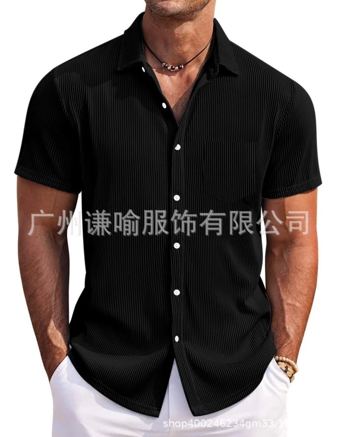 Design Short-Sleeve Ribbed Button-Up Shirt Beige Tops Shirt - 4