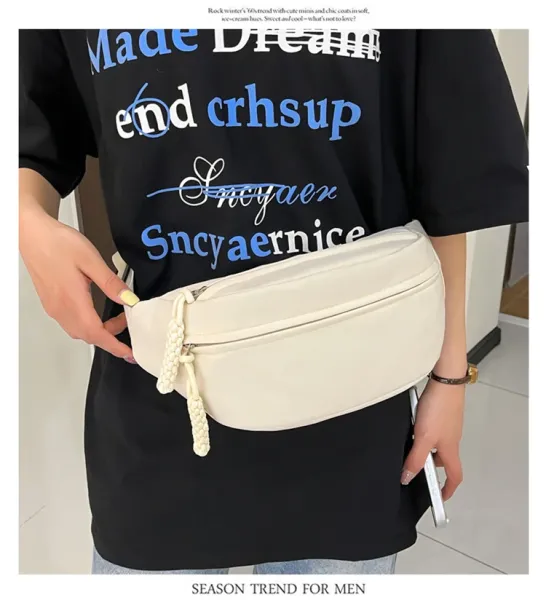 Design Minimalist Cream Belt Bag with Braided Pull Tabs - 16