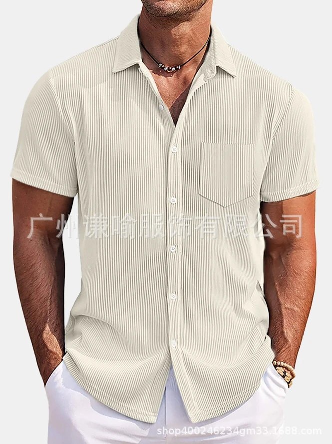 Design Short-Sleeve Ribbed Button-Up Shirt Beige Tops Shirt - 8