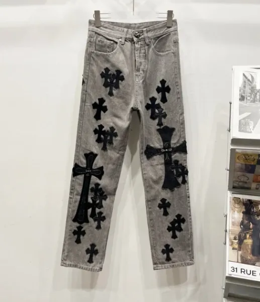 Chrome Hearts Cross-Embroidered Distressed Gray Jeans - 1
