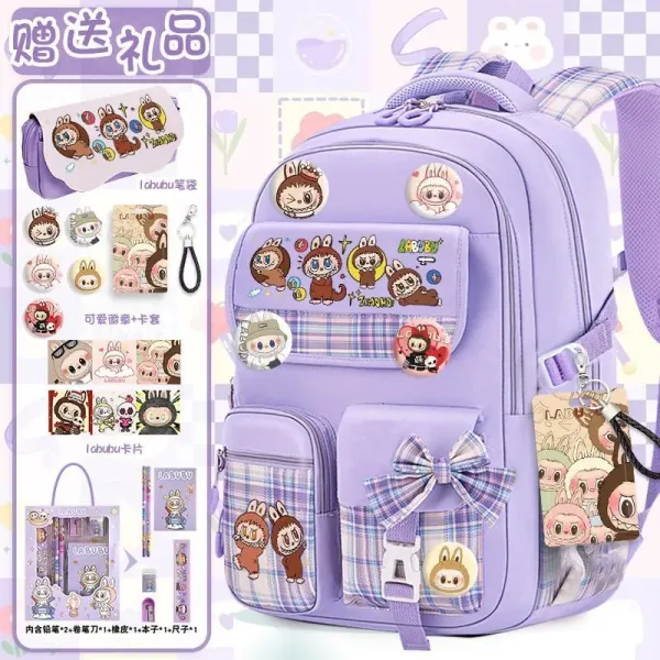Pop Mart Labubu x Custom Kawaii Plaid Purple School Backpack with Accessories Backpacks - 1