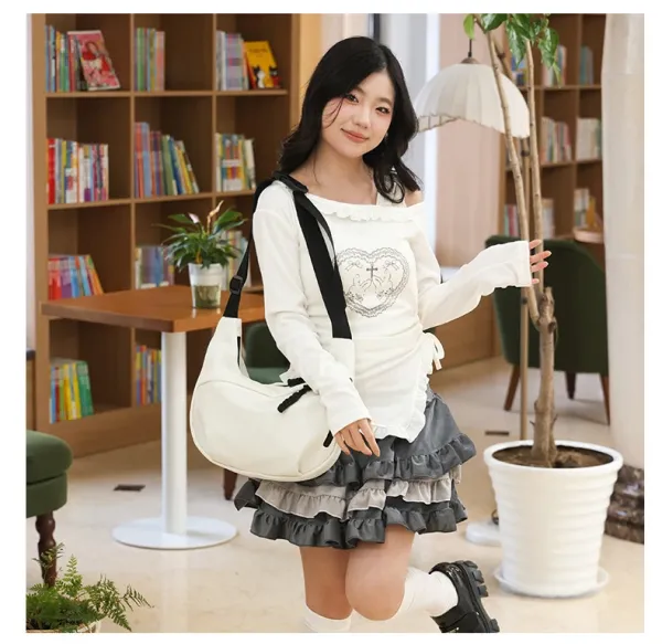 Design Canvas Hobo Bag Beige with Black Straps Shoulder Bag - 34