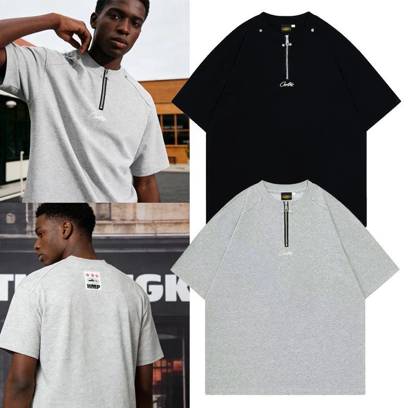 Corteiz Alcatraz Half-Zip Studded Letter Graphic Unisex Relaxed Fit Trendy Essential Short Sleeve T-Shirt