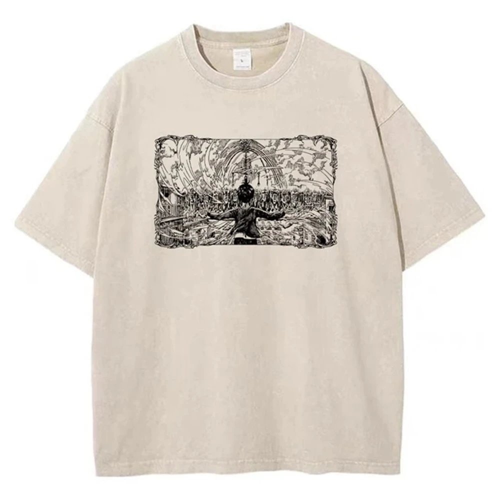 Design Vintage Sketch Print Beige Oversized T-Shirt - 7