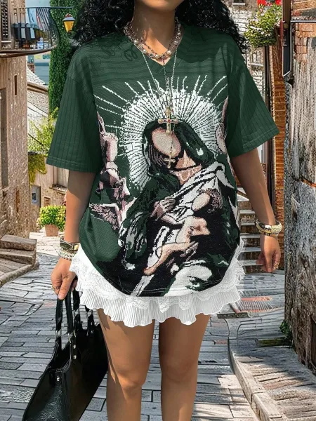 Design Religious Icon Graphic Oversized T-Shirt with Lace Hem in Brown Multicolor - 37