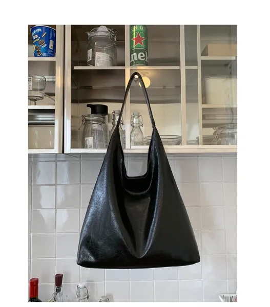 Design Hobo Bag Black Leather-Texture Shoulder Bag - 40