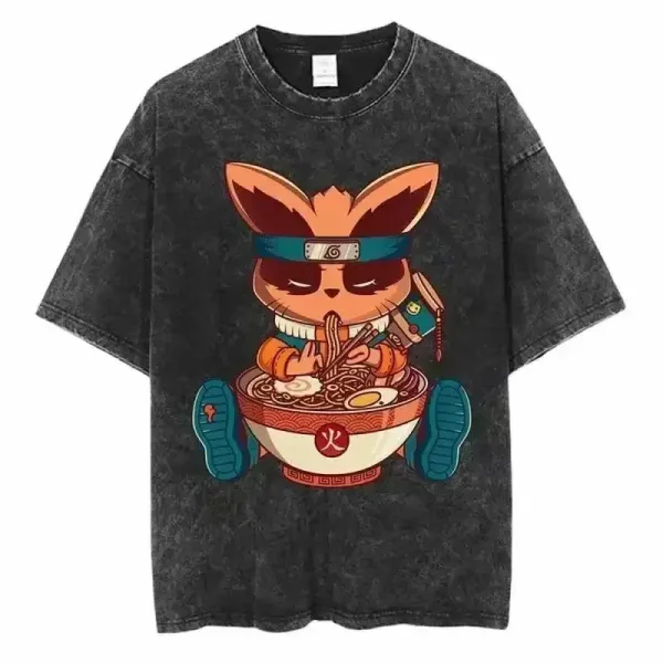 Design Naruto Fox Ramen Graphic Oversized Acid Wash T-Shirt - 1