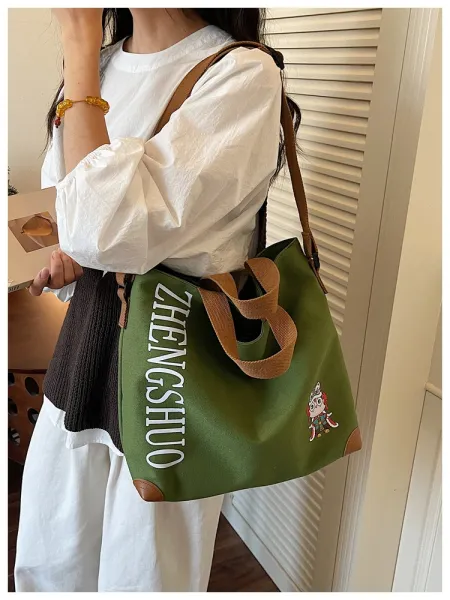 Design ZHENGSHUO Canvas Tote Bag Olive Green with Lion Dance Charm Tote Bag - 42