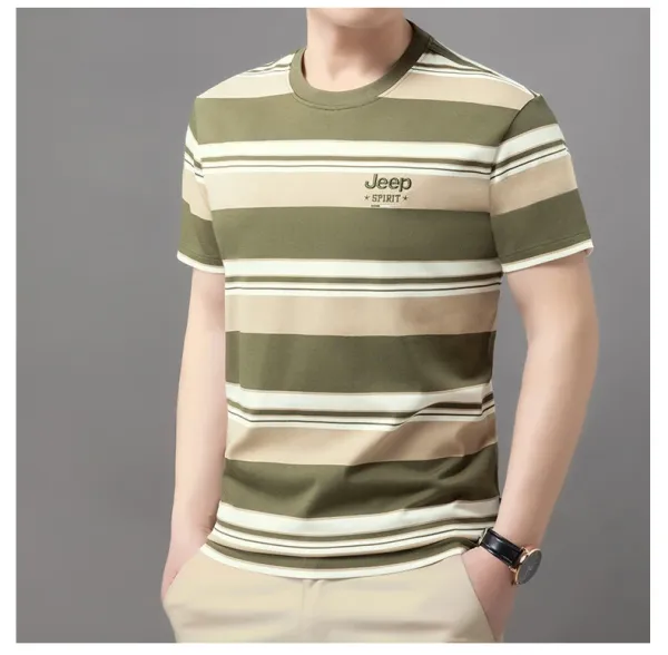 Design Jeep Spirit Striped Crewneck T-Shirt Army Green Beige T-Shirts - 17