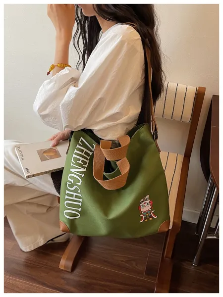 Design ZHENGSHUO Canvas Tote Bag Olive Green with Lion Dance Charm Tote Bag - 43
