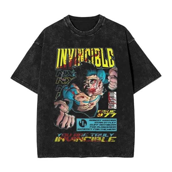 Design Invincible Comic Graphic Washed Black T-Shirt - 1