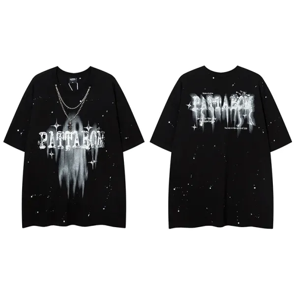 Design Pattaron Ghost Print Oversized T-Shirt Black T-Shirts - 1